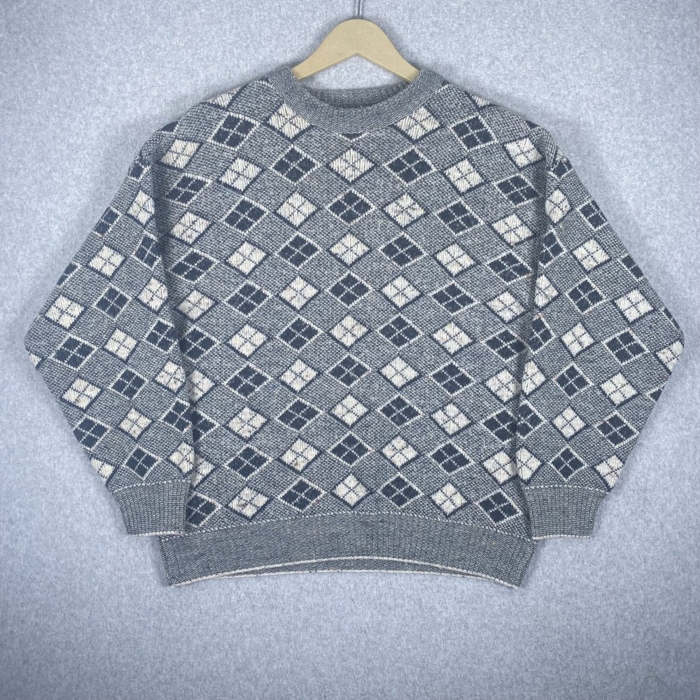 Lorenzo Sweater Mens Large Grey Argyle Wool Blend Knit Crewneck Made in Italy